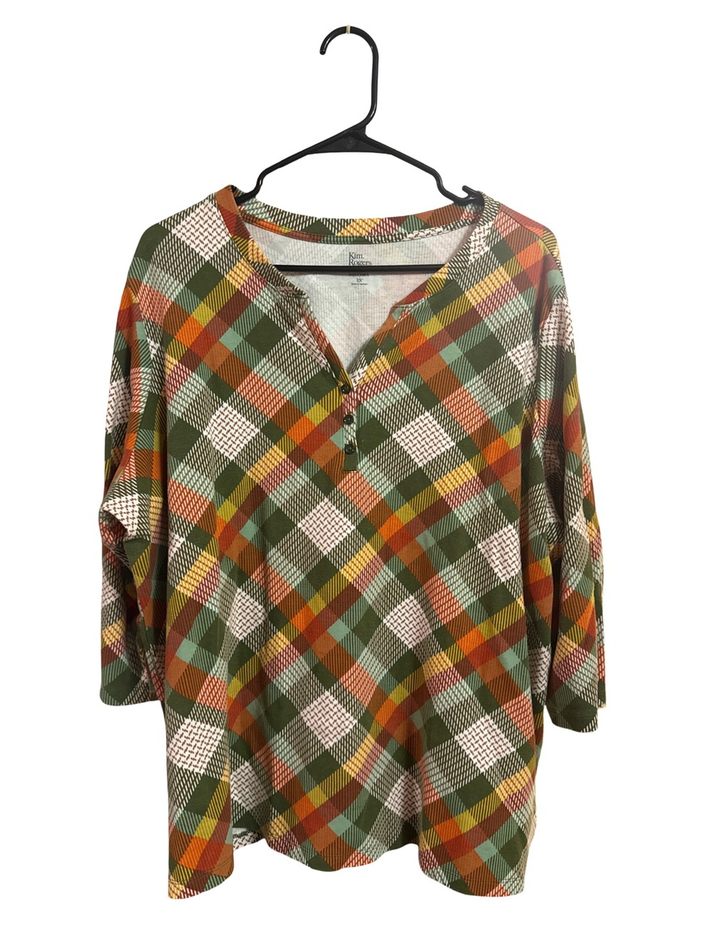 Kim Rogers Plaid Long Sleeve Top in Green, Brown, Orange & Yellow